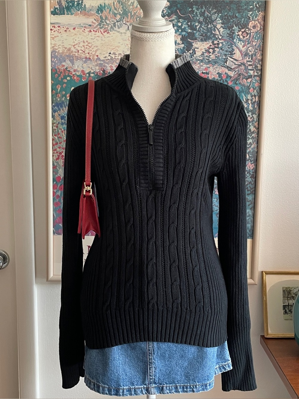 DKNY Jeans Sweater Womens Medium Black Cable Knit Quarter Zip Indie Preppy Y2K